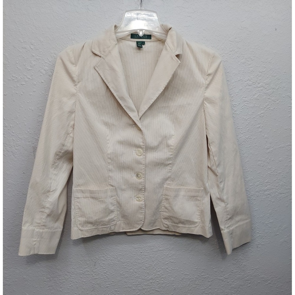 LRL RALPH LAUREN Blazer Womens Large Beige Pinstripe Cotton Jacket Career